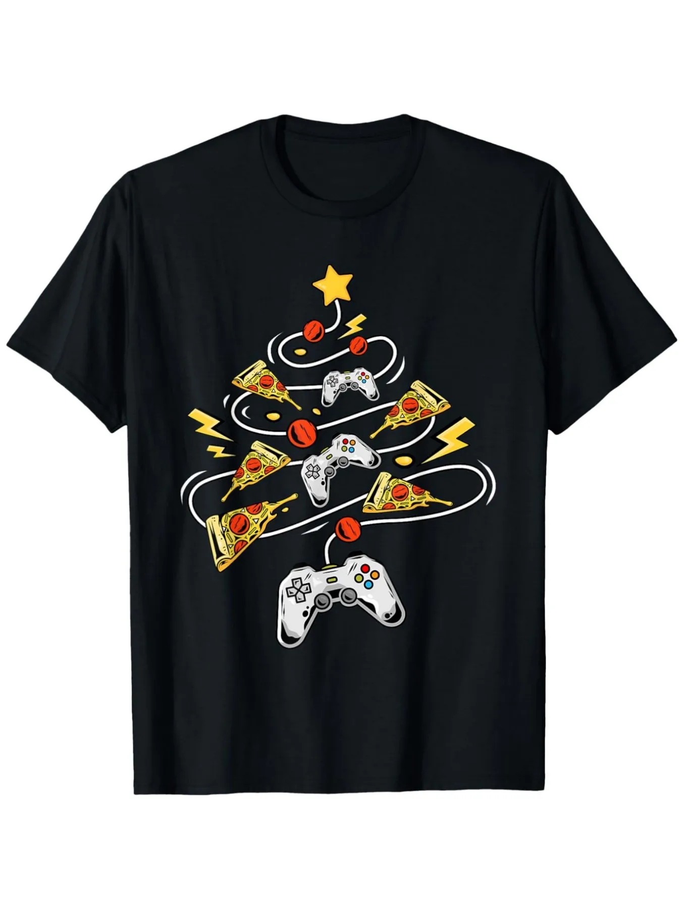 Gamers Christmas Pizza & Video Game T-Shirt-Black with Gold Controller & Pizza Slice Tree Design Short Sleeves Casual T-Shirt Suitable for All Seasons Machine Washable