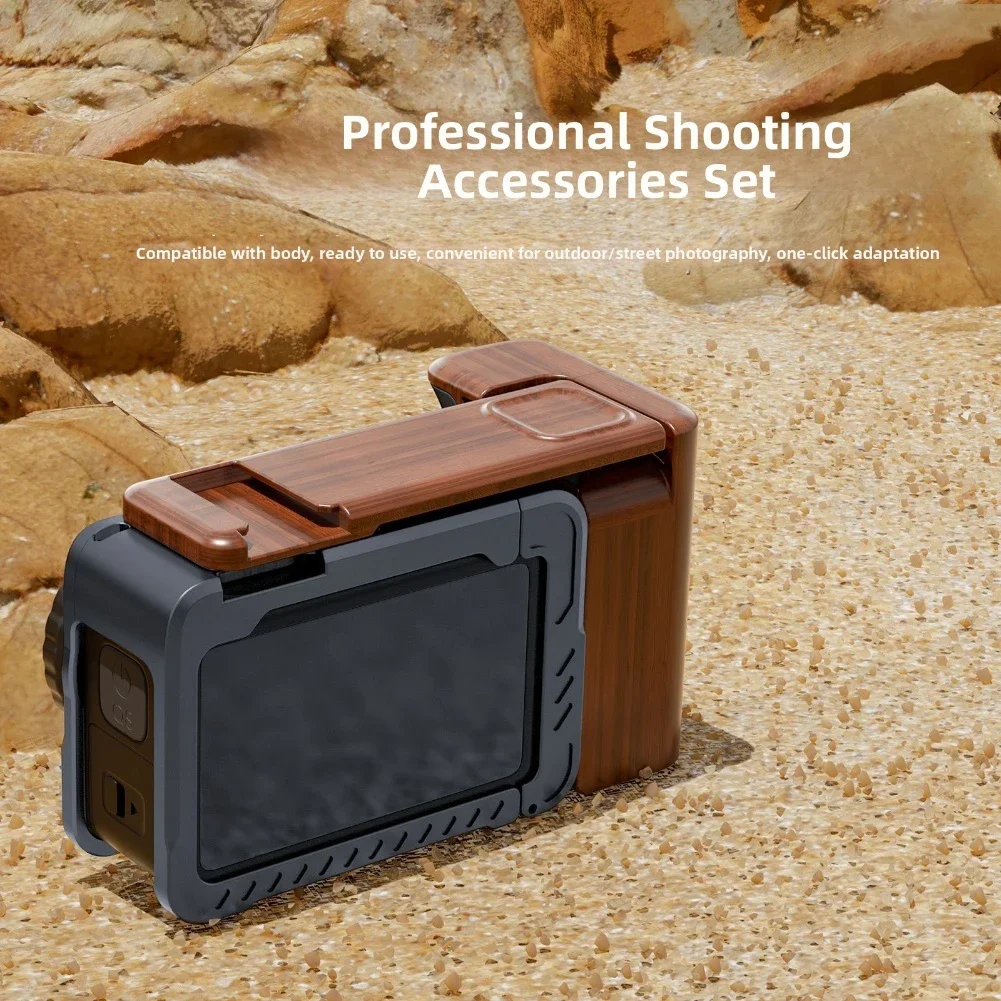 For DJI OSMO-Action 6 Street Photography Kit Stylish Wood Grain Action Camera Metal Rabbit Cage With Frame & Handle Photography