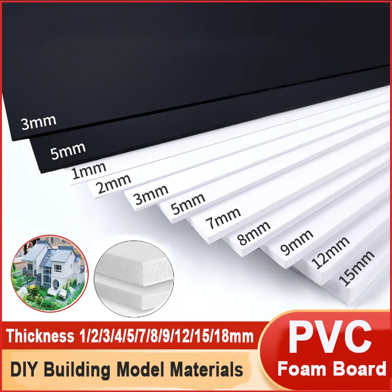 Lámina de Espuma de PVC Blanca/Negra, Material para Modelismo, Placa Plana de Plástico para Manualidades, Materiales para Construcción de Modelos, Grosor de 1~18 mm