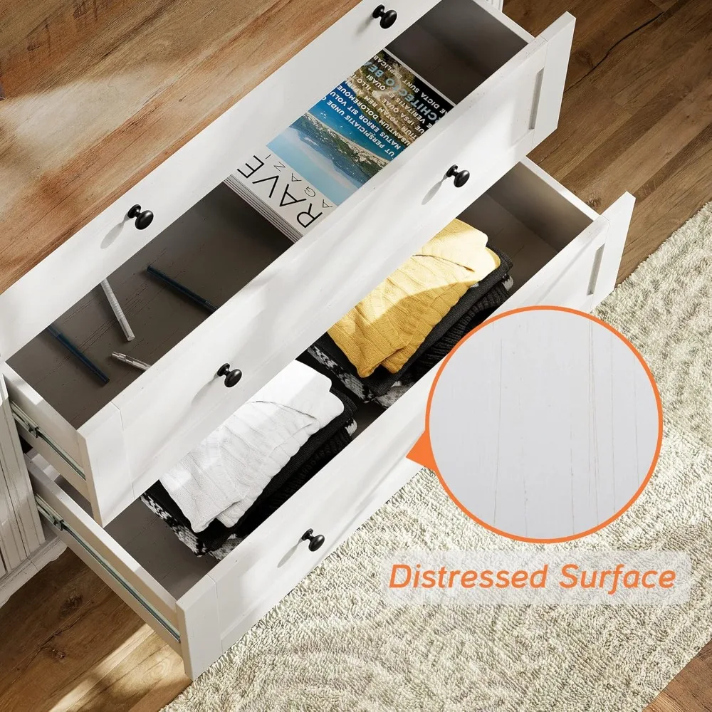 寝室用6段引き出し付きホワイトドレッサー、幅広引き出し付き木製ドレッサー、ミッドセンチュリーモダン木製クローゼット収納