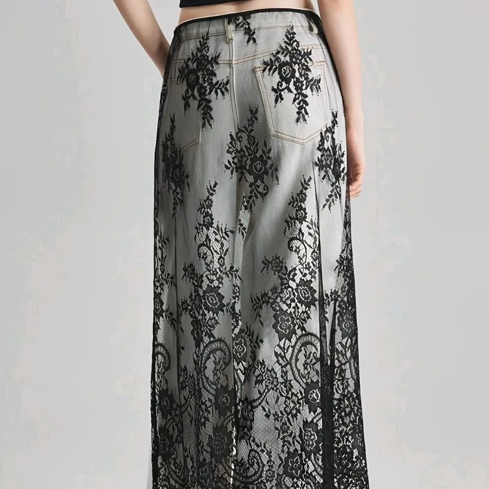 Apron Long Skirt Y2K Lace Petticoat Mesh Flower Lace Underskirt Slips 70cm Transparent Lace-up Midi Dress Girls view 5