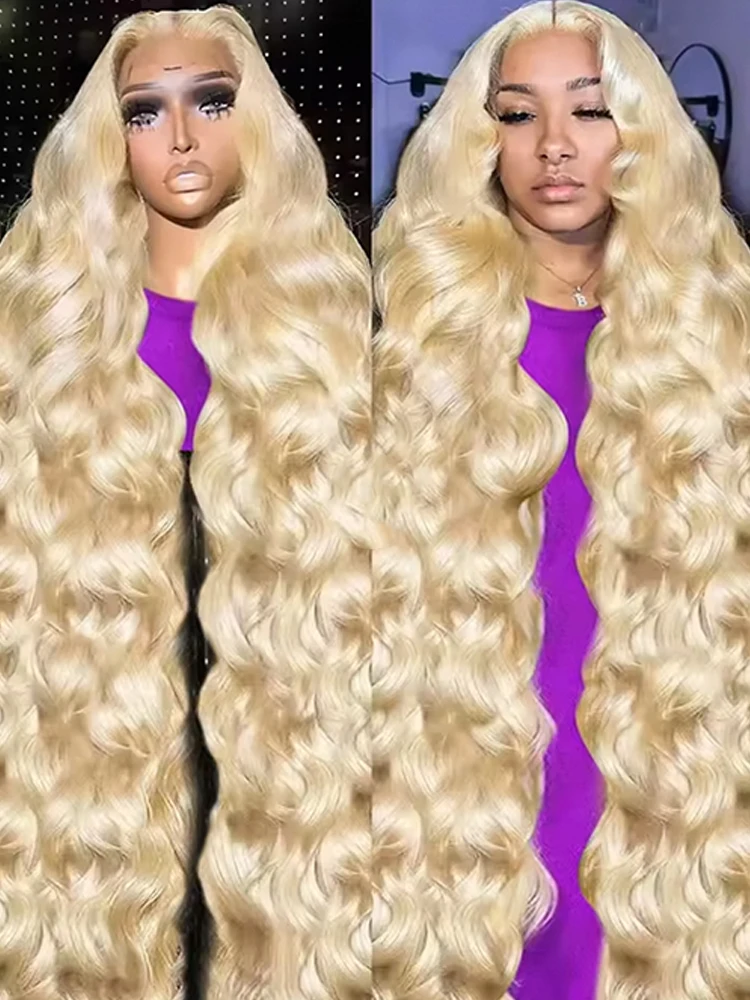 34 Inch 613 13x6 Lace Front Wig Human Hair Body Wave Blonde Lace Frontal Wigs for Women 200 Density Natural Hairline image 2
