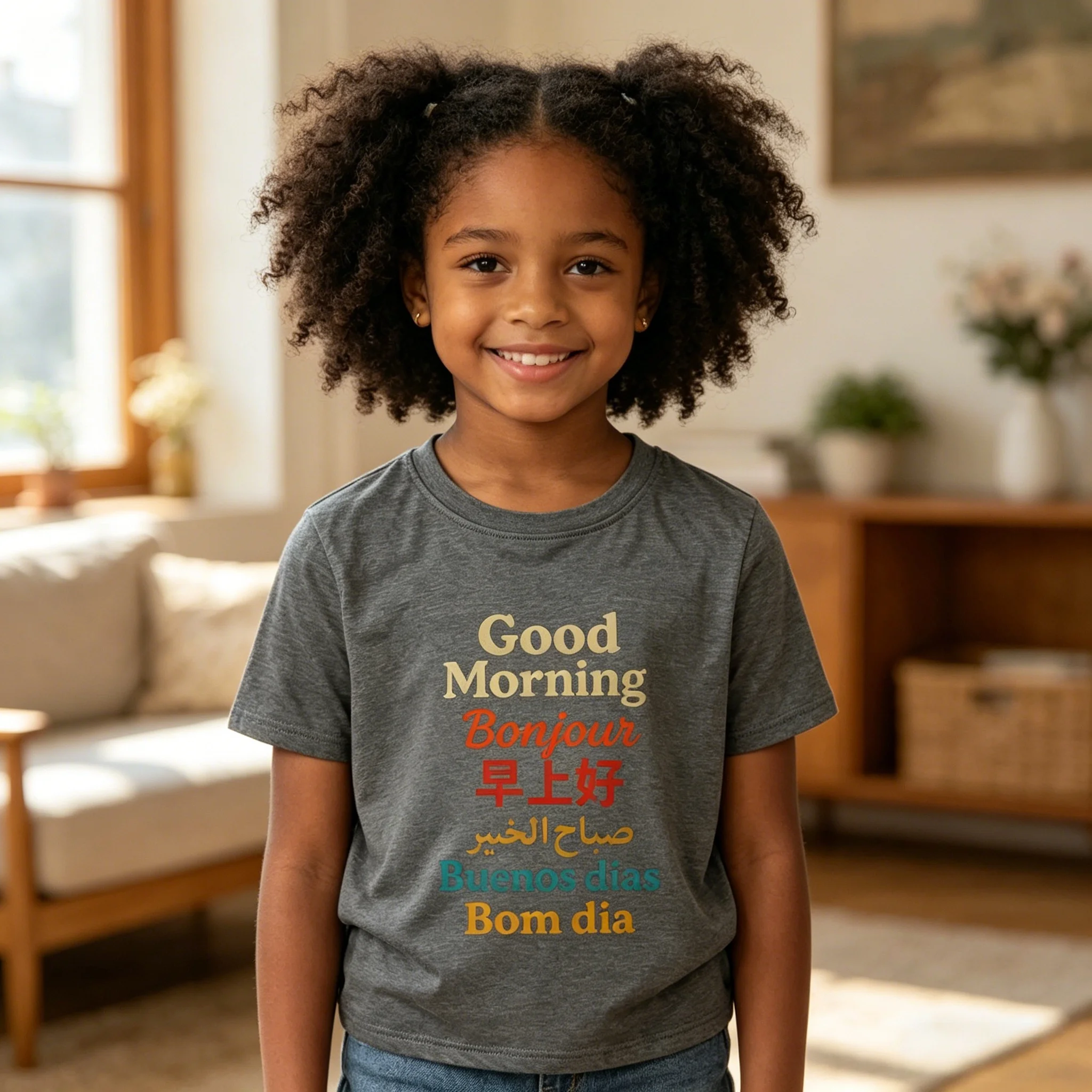 Good Morning in Many Languages Kids Graphic Tee Loose Casual Fit Soft Breathable Cotton for Daily Outdoor Activity