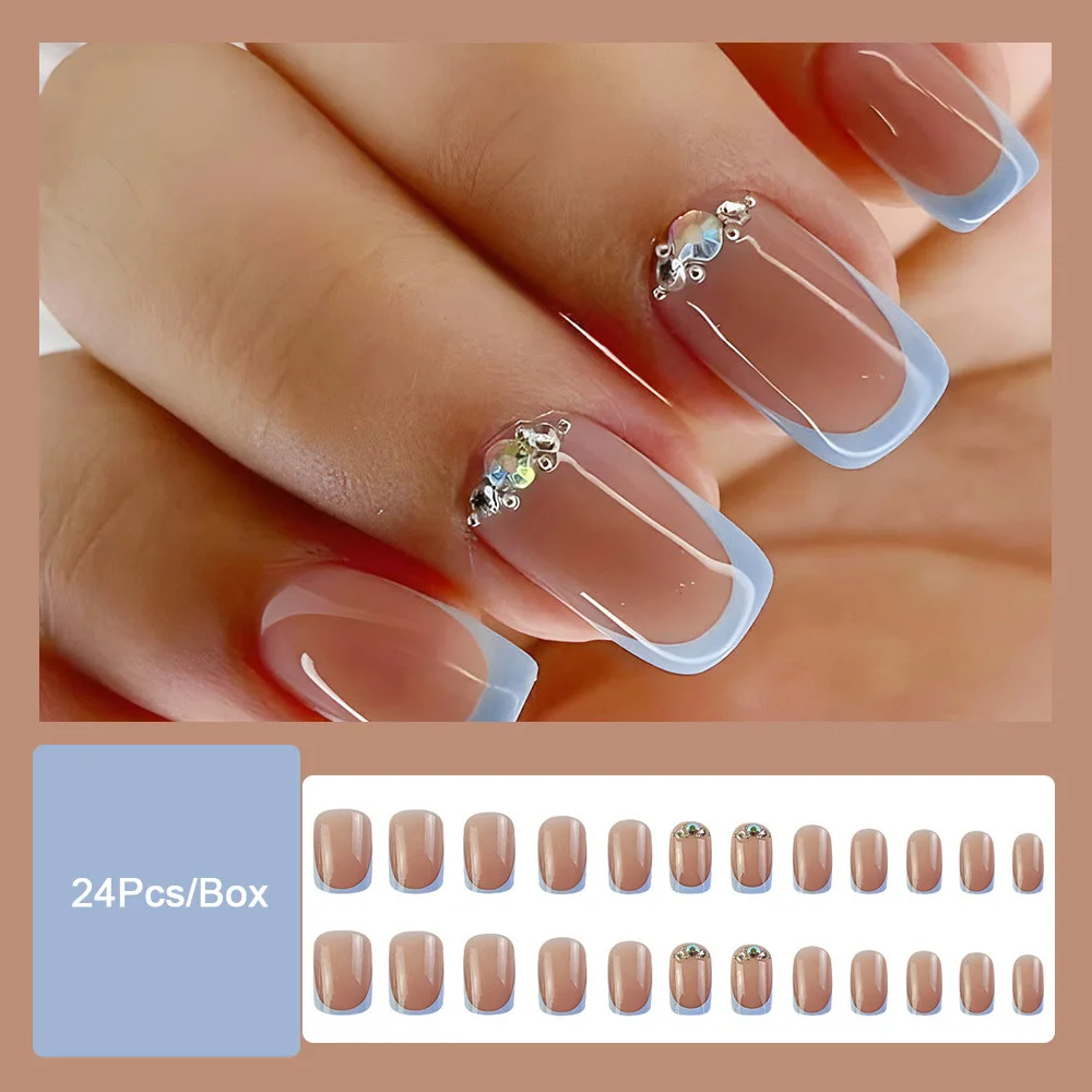 Short Square Head False Nail Tips With Designs French Blue Fringe Fake Nails Set Press on Nails Shiny Rhinestones Manicure