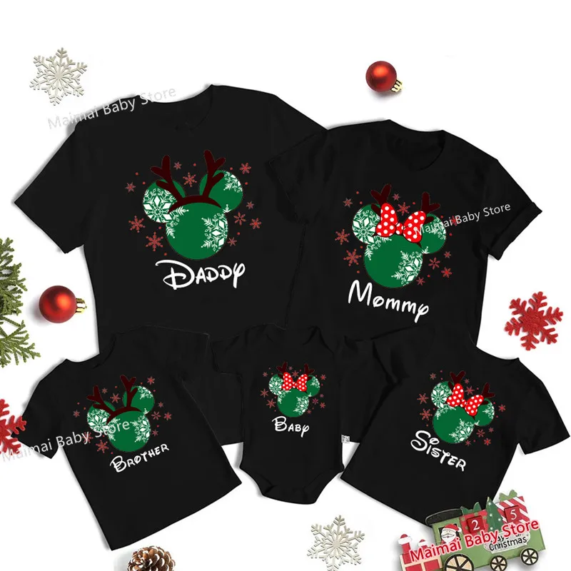 

New Disney Christmas Deer Shirts Cotton Matching Dad Mom Kids Tshirts Baby Rompers Family Matching Disneyland Vacation Outfits