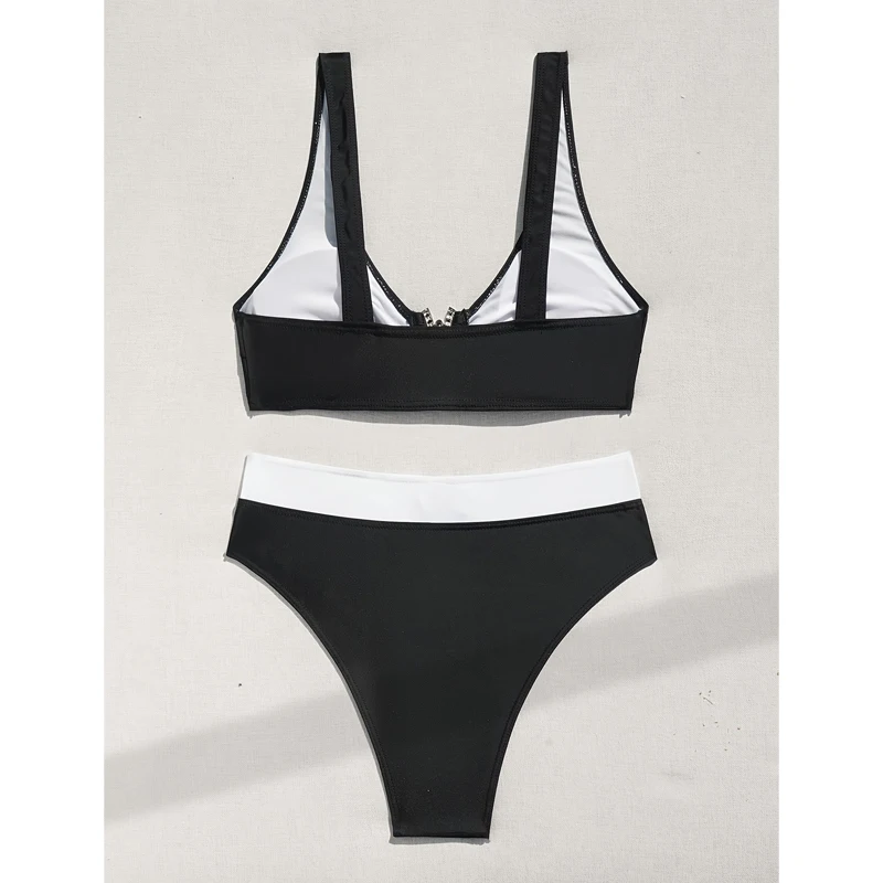 FASKOB 黒と白の V ネックスプリットビキニ水着女性ワンピース水着 2025 ビキニスーツ夏のビーチ水着
