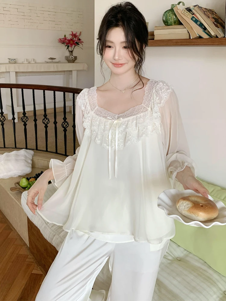 lace-ice-silk-satin-women's-sleepwear-set-summer-home-clothes-long-sleeve-straight-leg-pants-comfortable-soft-classical-court