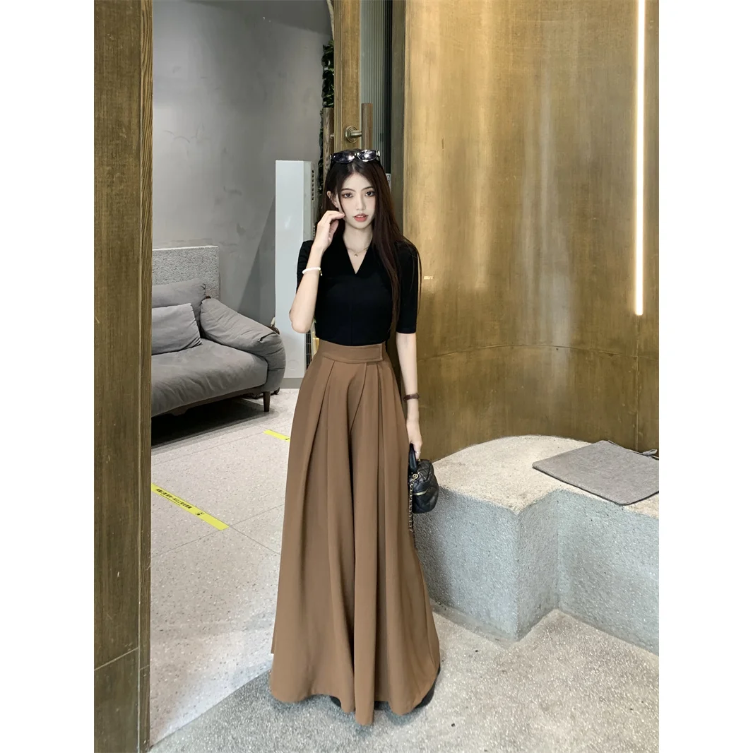 2025 spring and summer new women's slim fit black top+fashionable wide leg pants two-piece set
