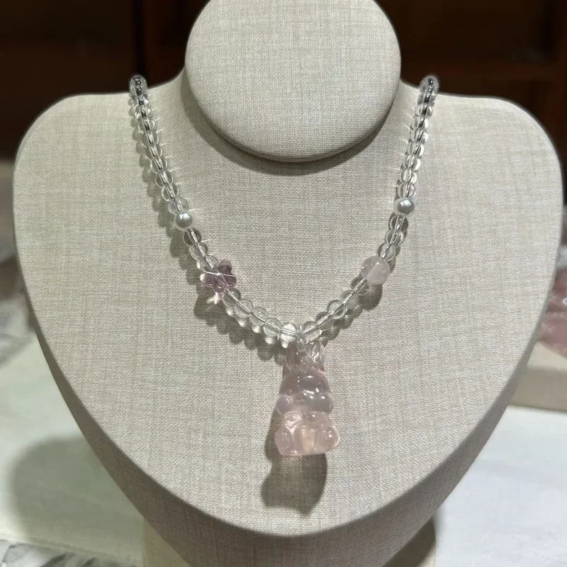 Crystal Necklace Ice Clear Cute Fresh Beaded Necklace Sweet Powder Crystal Rabbit Women's Pendant Crystal Necklace
