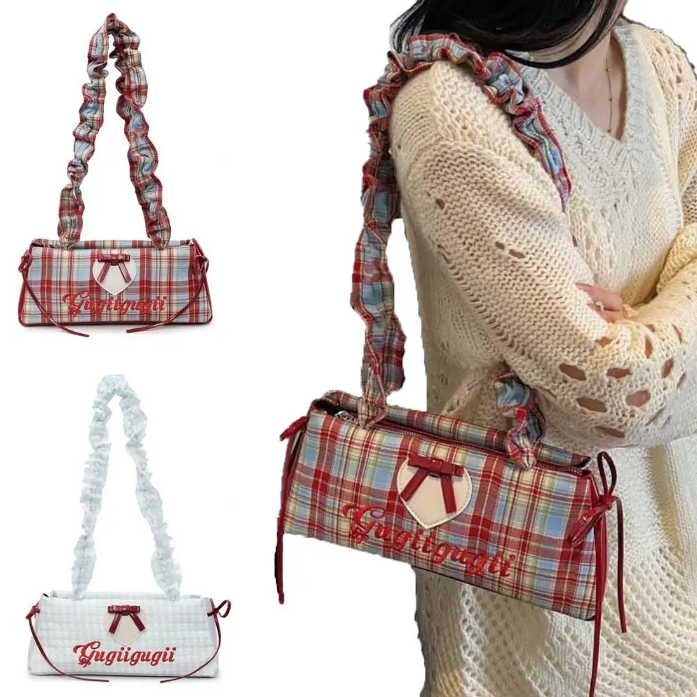 

Сумка на плечо с завязками, французская сумка с бантом и лентой, плиссированная клетчатая сумка на плечо контрастного цвета, большая вместимость