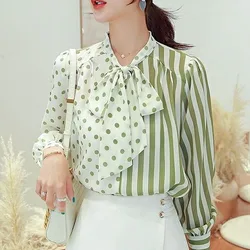 2023 New Fashion Trend Chiffon Color Matching Striped Bow Ribbon Versatile Charm Niche Design Sense Long Sleeved Women's Shirt