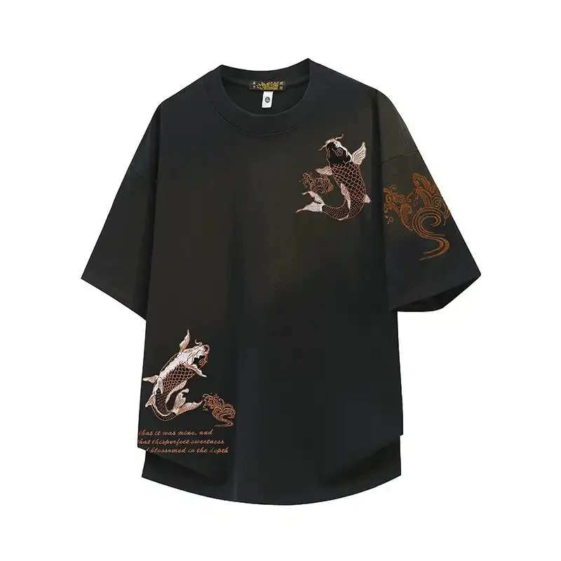 

2026 Summer New Chinese Style Koi Embroidery Printed T-Shirt for Men, Latest Stylish Luxury Fashion, Casual Loose Top, Couple Ma