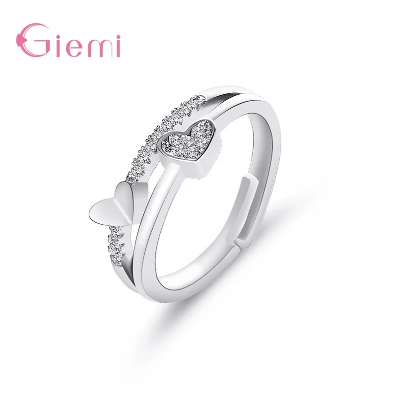 Shiny 925 Sterling Silver Heart Shape Crystal Cubic Zircon Open Adjustable Rings for Women Girls Wedding Party Jewelry Gifts