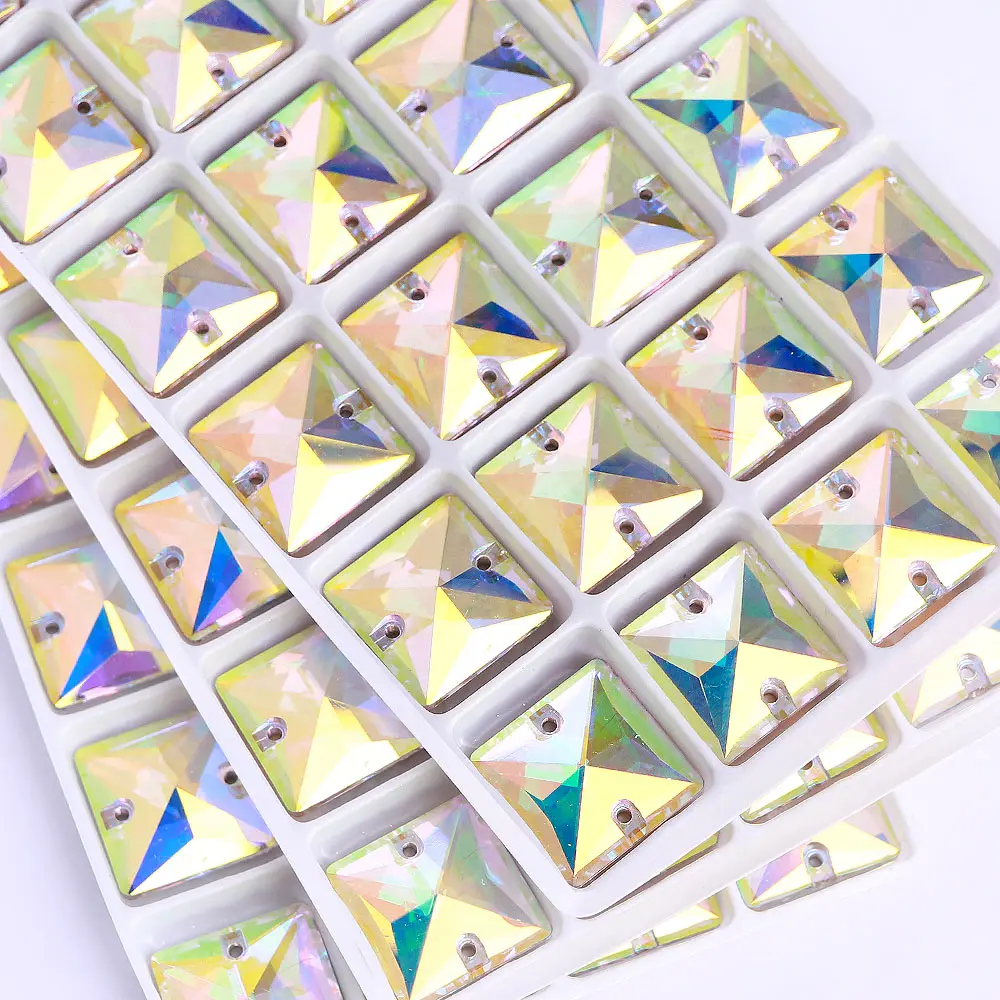 Square High Quality Glass Flatback Sew On Rhinestone 12 14 16 22MM Glitter Crystal AB Gemstones for Sewing Fabric Clothes Dress