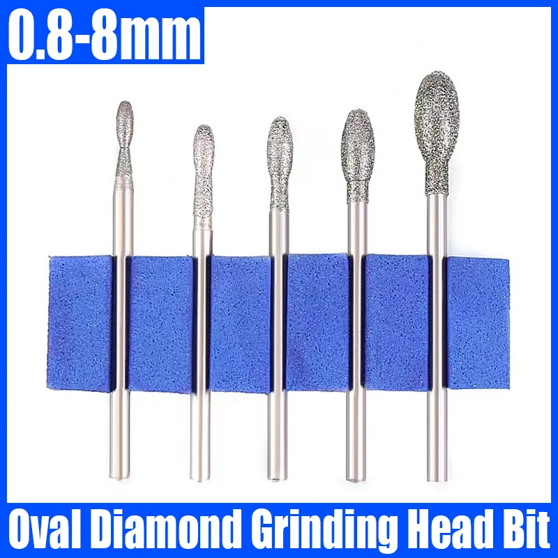 0.8-8mm Oval Diamond Grinding Head G Needle Bits Burrs Engraving Carving Tool 2.35/3mm Shank Grinding Bit Polishing Tool