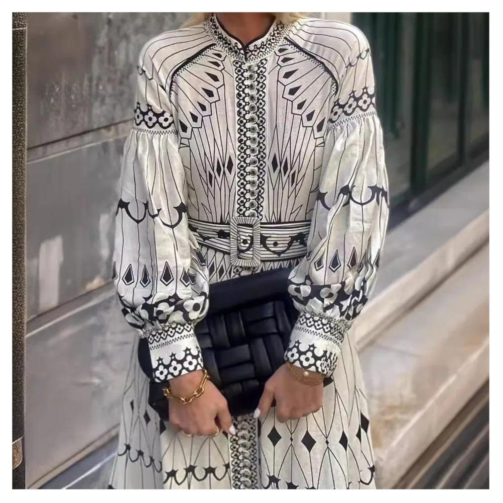 

Female dress Spring summer new printed shirt long sleeved dresses Fashion elegant belt casual