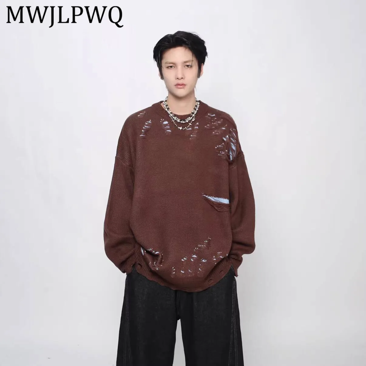 

MWJLPWQ American Street Style Ripped Distressed Color-Blocked Sweater For Men Autumn Winter Casual Design Loose Fit Tops 13679