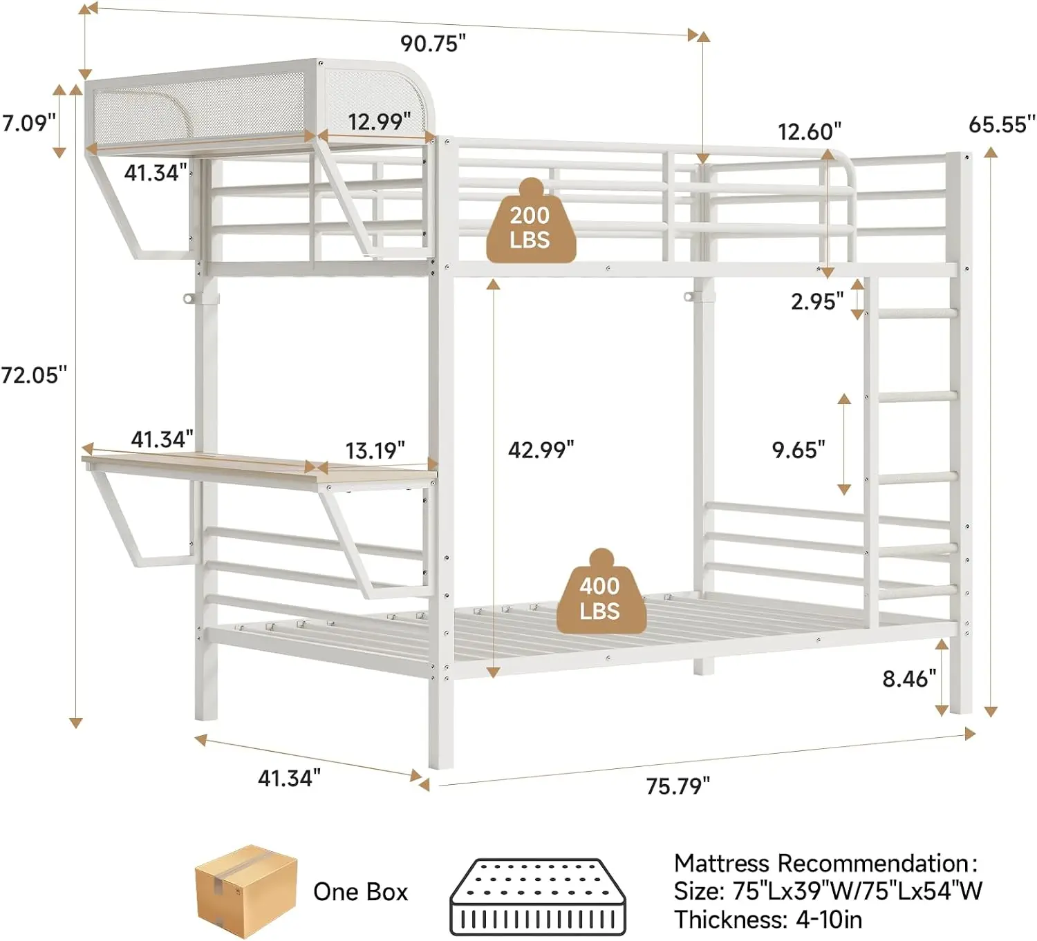 2-Tier Metal Bunk Bed Frame with Safety Guardrails & Built-in Desk, USB Outlets, Twin Size Twin Over Twin, Space-Saving Bed with Shelf Organizer for Bedrooms & Study Rooms,White