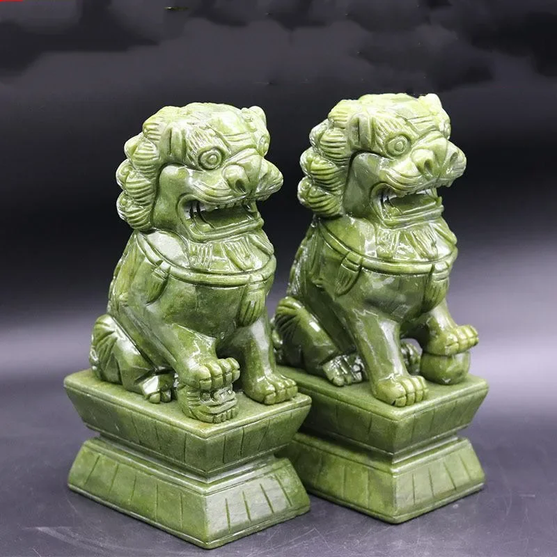 1 Pair China Green Jade Carved Fengshui Foo Fu Dog Guard Door Lion Office Decor