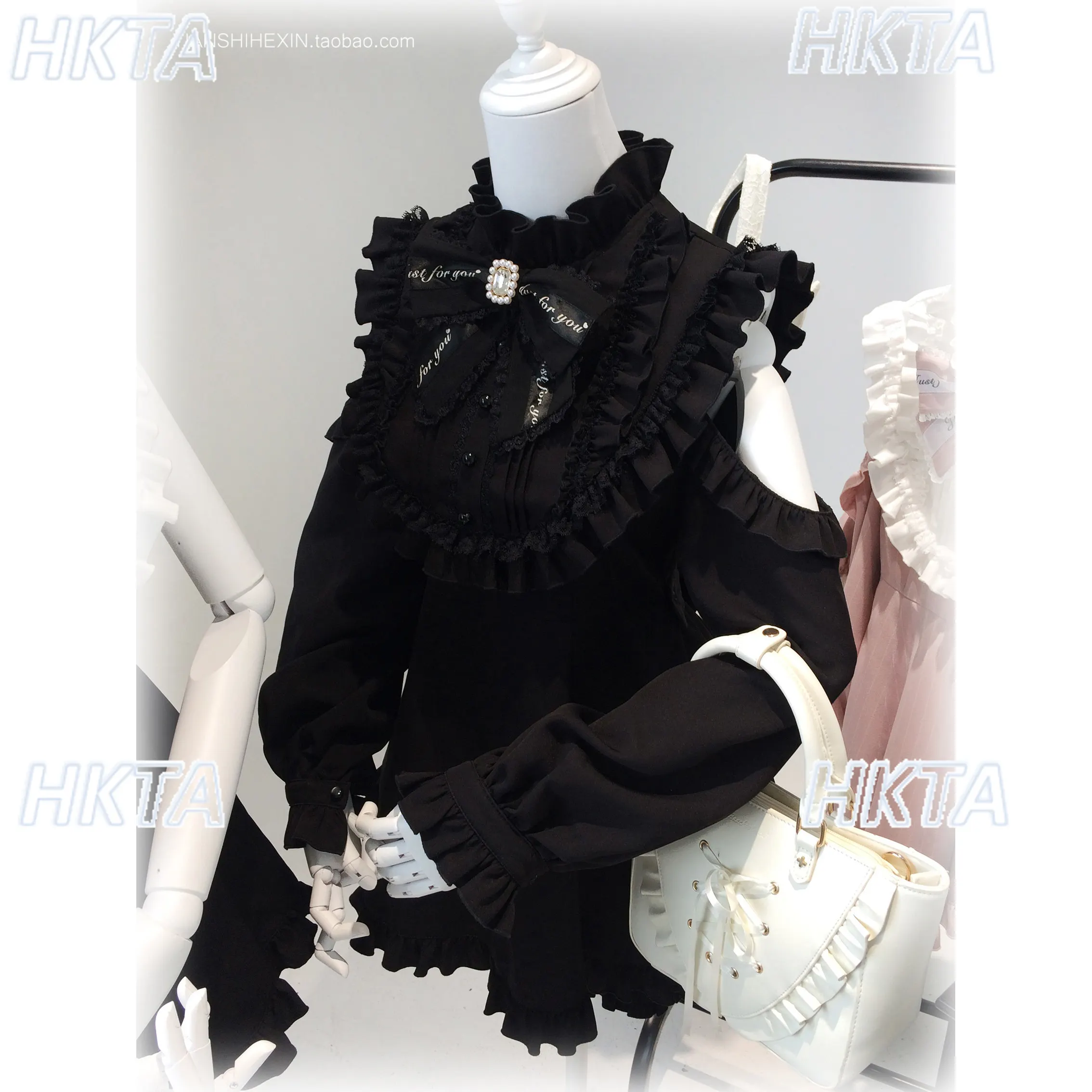 Japanese Subculture Goth Dark Off Shoulder Pleated Bow Pearl Lace Striped Ruffle Edge Waist Lolita Dress Black Shorts Suit Women - view 6