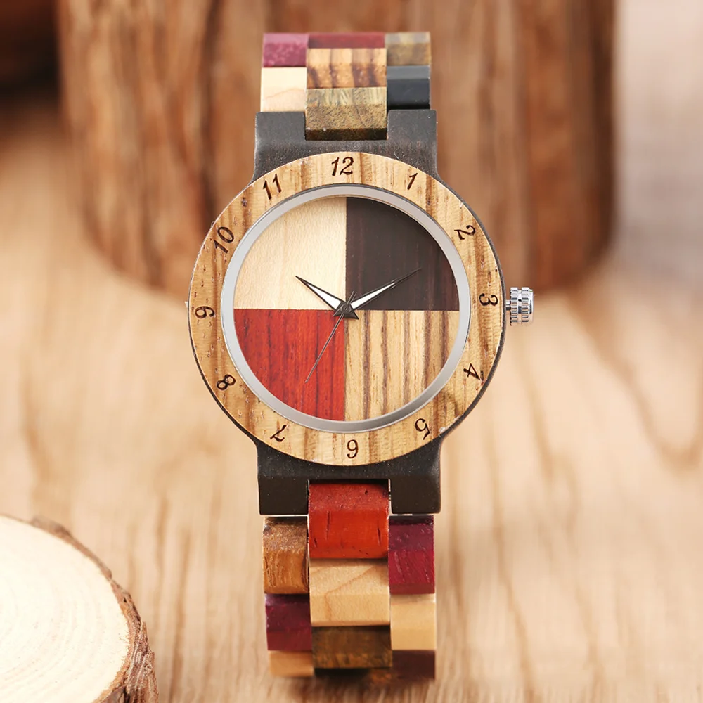 Women\'s Quartz Wristwatches 4 Colors Mixed Dial Wood Bangle Natural Full Wooden Lady Bracelet Watches Folding Clasp Timepiece