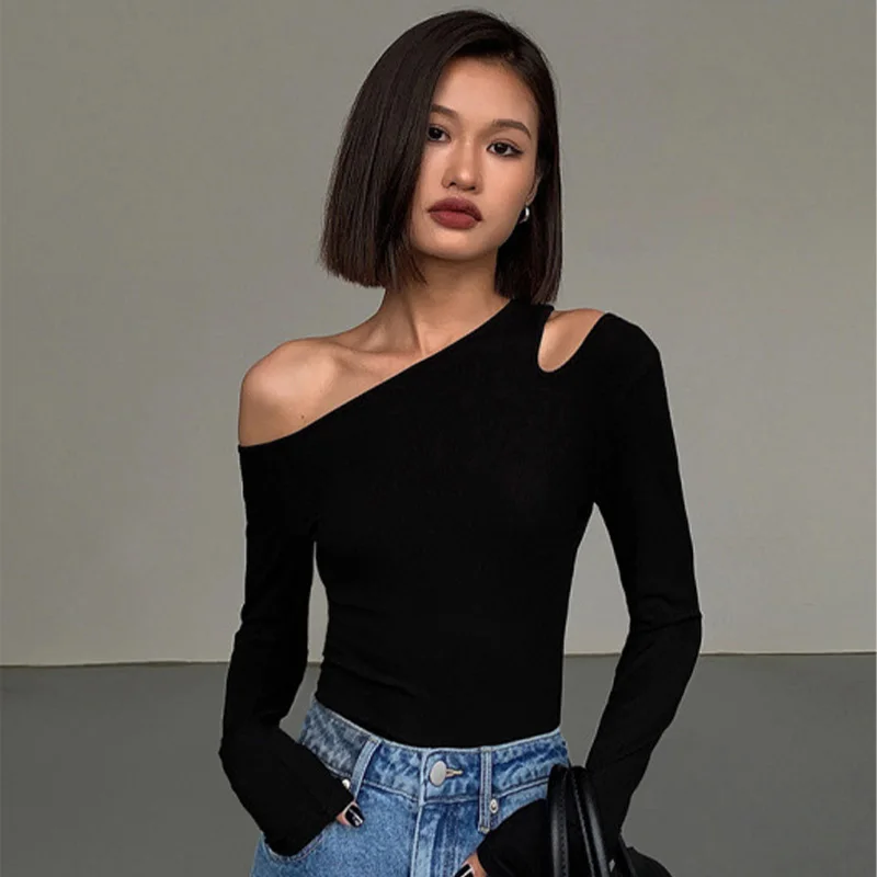 Fashion Skew Collar Off-shoulder Long-sleeved T-shirts Women Spring 2024 New Solid Slim Fit Crop Top Sexy Hollow Out Tees Shirts image 4