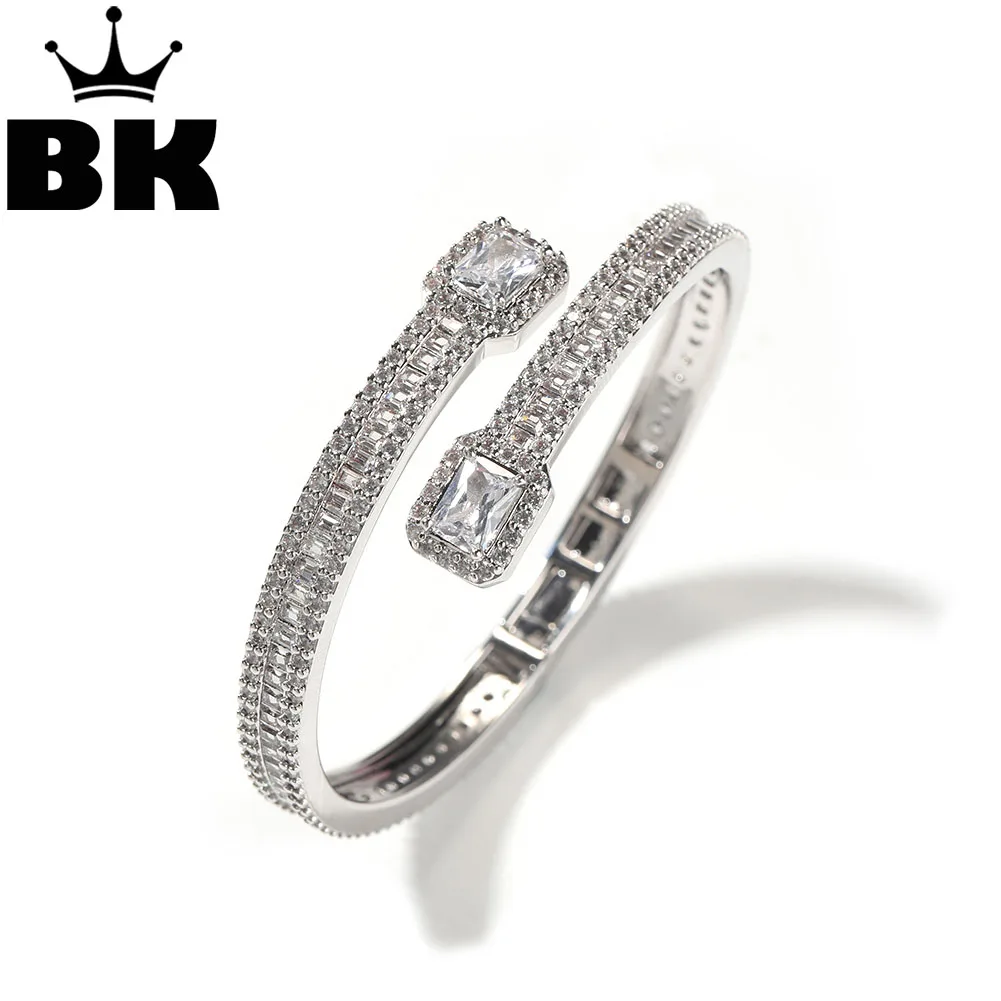 THE BLING KING 6mm BaguetteCZ Cuff Bracelet For Women Men Full Iced Out 5A Cubic Zircon Adjustable Size Opened Classic Bangle