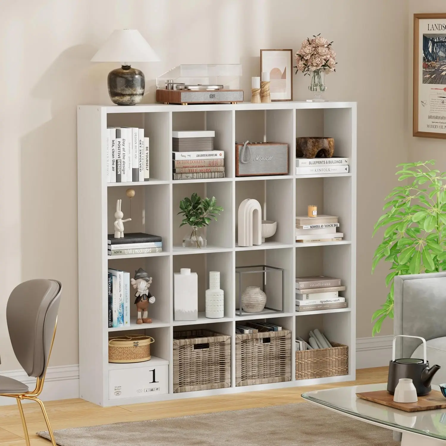 16-Cube Storage Shelf, Wood Grain Bookcase, Open Back Unit, 48.8x9.4x48.8 Inches for Living Room Bedroom Office, Customized