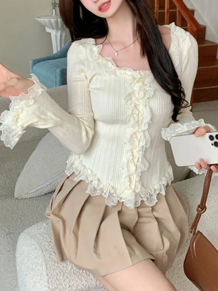 

Lace Cardigan Women Sweet Fashion Crop Top Female Kawaii Ruffle Thin Knitted Sweater Lady Elegant Chic Long Sleeve Knitwear Tee