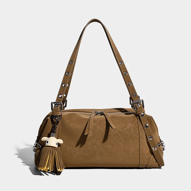 

FIRMRANCH Winter Large Capacity Sanding Suede Belt Buckle Shoulder Strap Design Cute Little Monster Pendant Women's Armpit Bag