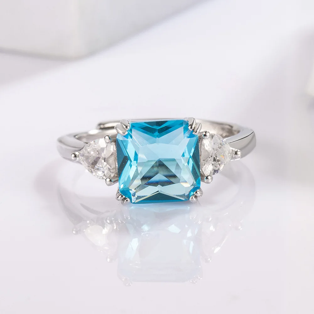 925 Sterling Silver Blue Zircon Adjustable Rings For Women  Engagement Luxury Fine Jewelry Wedding Accessories Argent 925