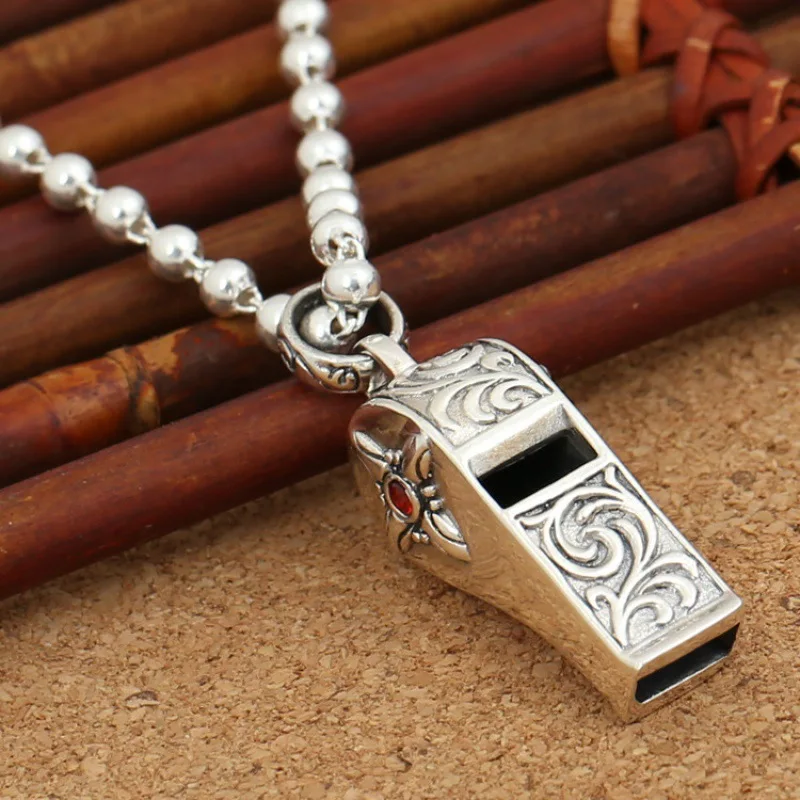 S925 pure silver jewelry retro Thai silver simple rose patterned whistle pendant for men and women