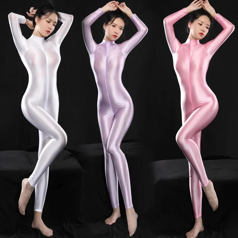 Sexy Shiny Long Sleeve Full Length Oil Tights Smooth Leotard Running Overall Yoga Zentai Casual Sport Jumpsuits Catsuits