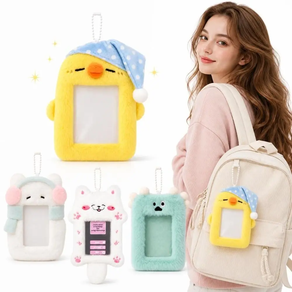 Headphone Cat/Chicken/Fox Photocard Case Soft Fluffy Bag Keychain Photo Card Holder Cartoon Animals Cards Sleeve Students Gifts