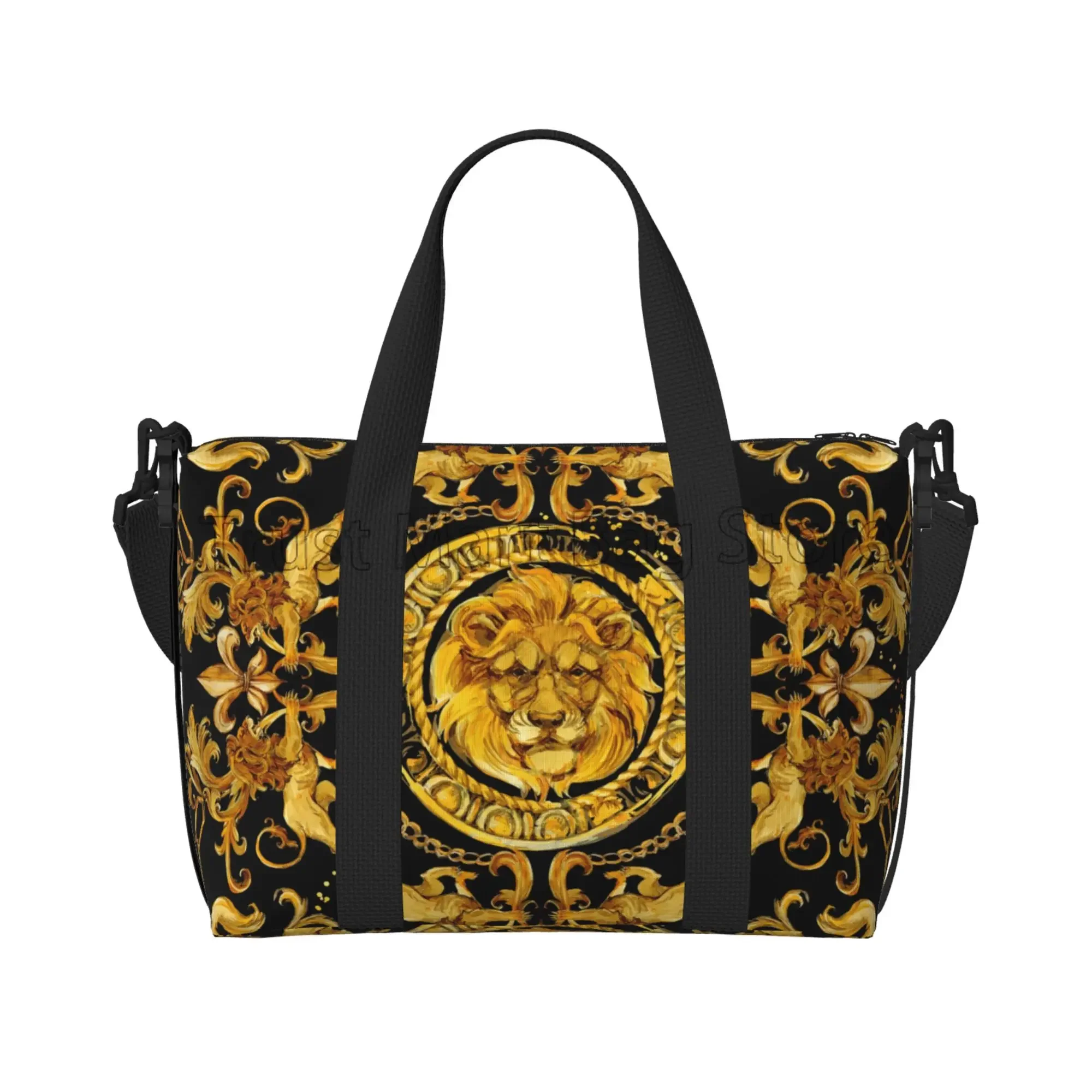 Golden Lion Baroque Pattern Travel Duffel Bag Personalized Weekender Bags with Shoulder Strap Unisex Sports Gym Overnight Bag