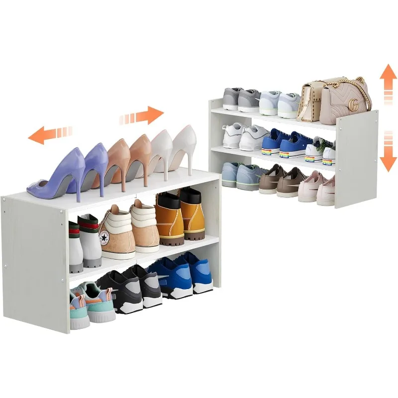 

2 упаковки, двухъярусная полка для обуви-органайзер для шкафа, расширяемая и регулируемая белая полка для обуви, штабелируемая железная деревянная полка