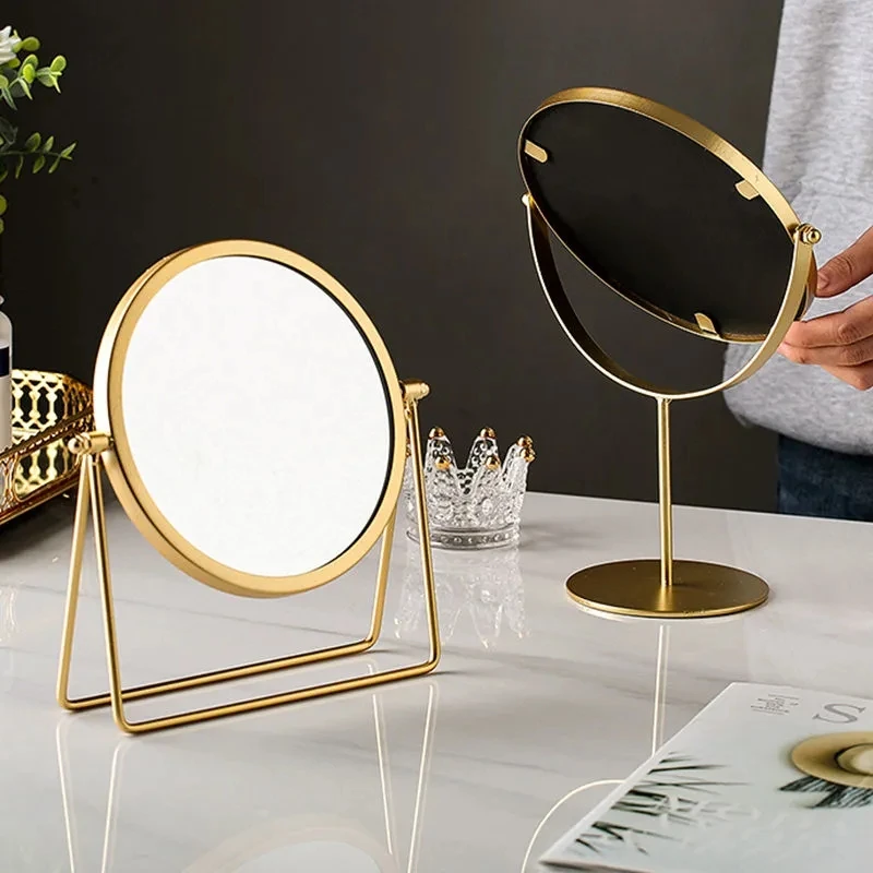 Makeup Mirror Light luxury retro European metal gold home desktop desktop square round mirror mirror dormitory makeup mirror