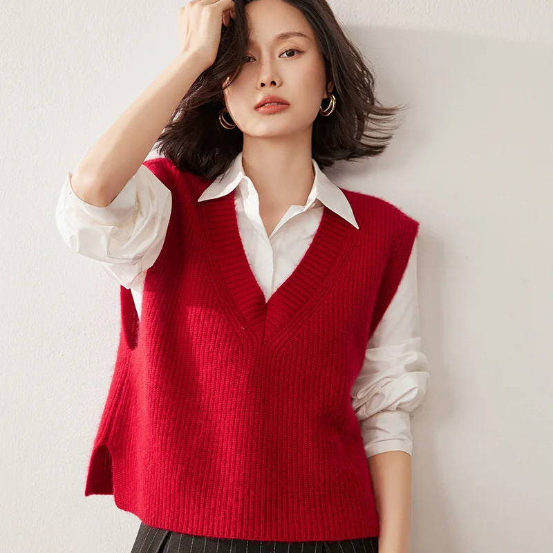 

2025 New Solid Color 100% Pure Cashmere Vest for Women Loose V-Neck Cashmere Vest Thickened Sweater for Outerwear