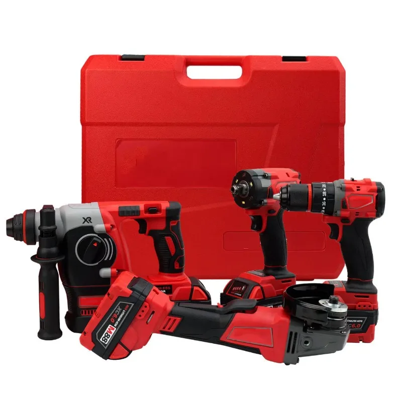 

[Hot Sale] Red 10-In-1 Cordless Tool Set Brushless Hammer Drill Impact Wrench Angle Grinder 4 Machines 4 Batteries 2 Chargers Ke