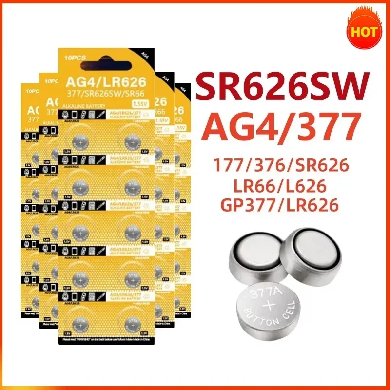 AG4 1.55V button battery LR626 377 button battery alkaline battery SR626SW 377A LR66 suitable for watches toys mercury-free