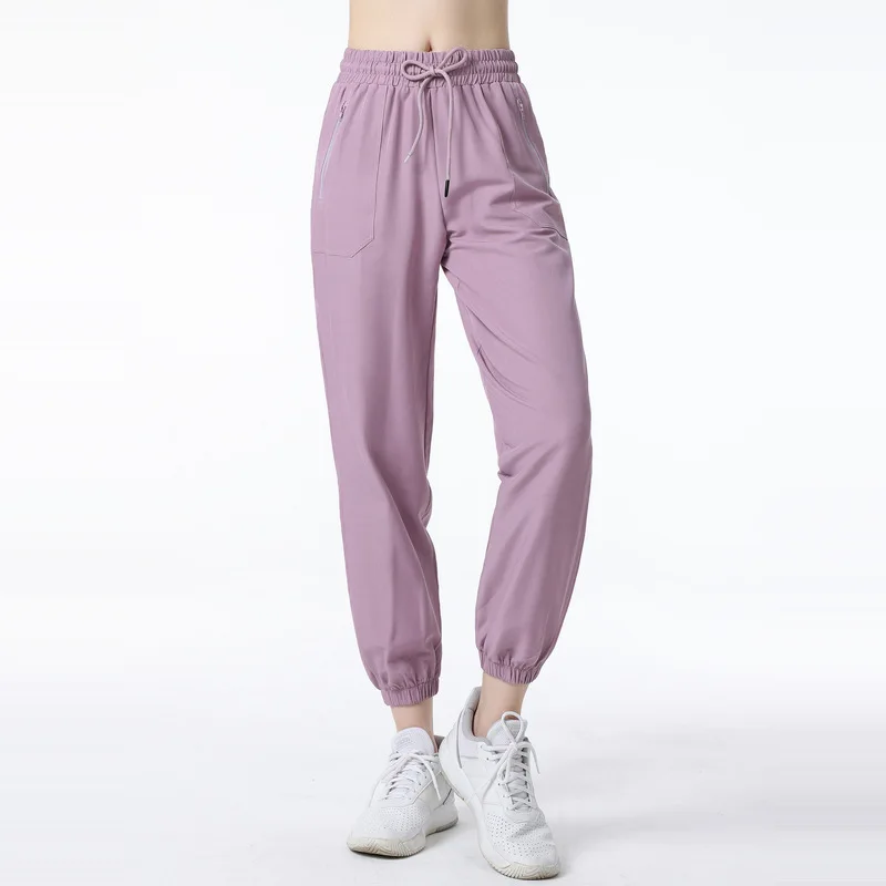 

Women's elastic waist drawstring zipper pockets yoga cuffed pants bloomers harem wide leg pants casual sweatpants with logo