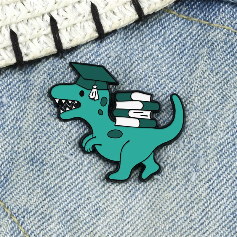 Funny Animal Enamel Pin Trendy Tyrannosaurus Learning Reading Books Dinosaur Brooches Men Women Cartoon Lapel Pins Badge Jewelry