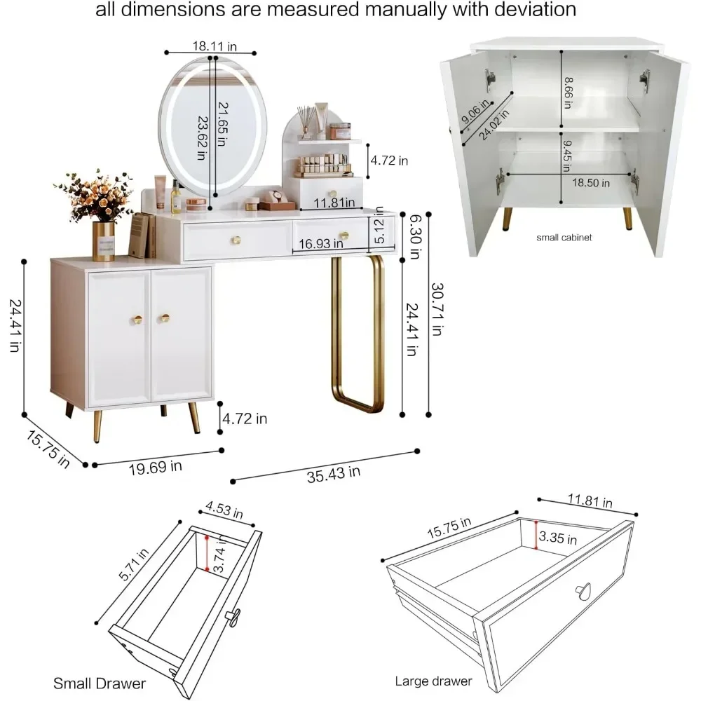 White Modern Vanity Desk,Retractable Makeup Vanity,with LDE Mirror and 2 Spacious Drawers,Makeup Desk with Cabinet