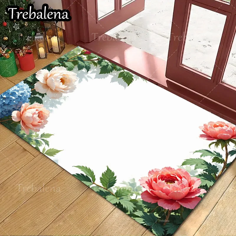 

1pc Welcome Door Mat Floral Peony Design Indoor Outdoor Doormat Welcome Mat for Home Decor