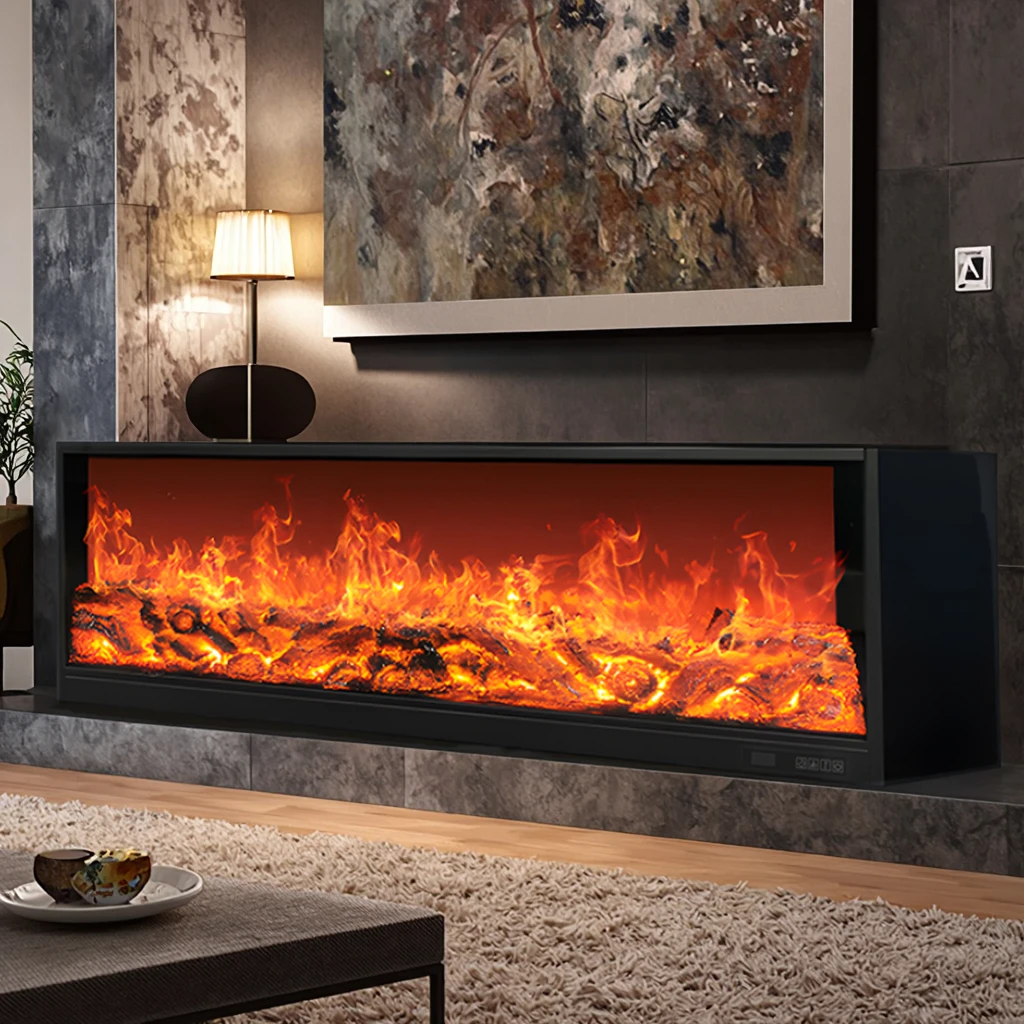 60-Inch Modern 2D Electric Fireplace Heater Color-Changing Flame Remote Control Wall Mounted for Home Commercial Hotels Steel