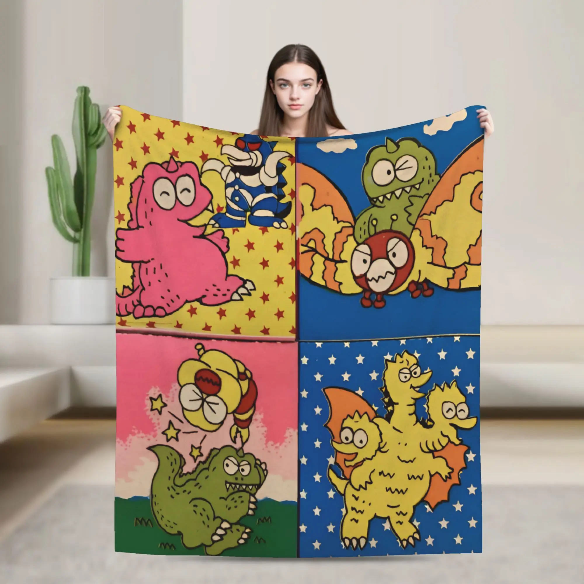 Chibi Monster Island Buddies Plush Blanket 80s Funny Throw Blankets for Home 125*100cm Rug Piece