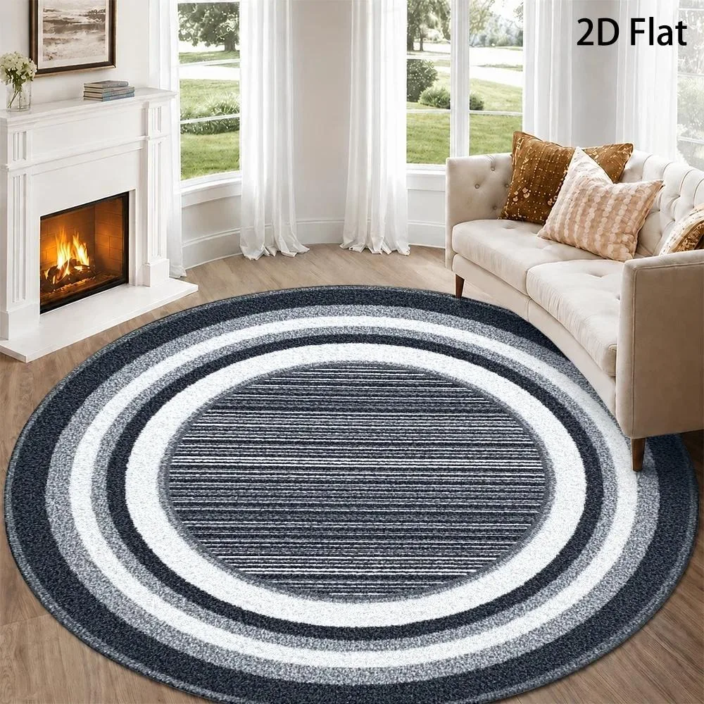 Modern Concentric Circle Striped Round Rug Navy White Ring Geometric Line Texture Print Circular Floor Mat for Living Room