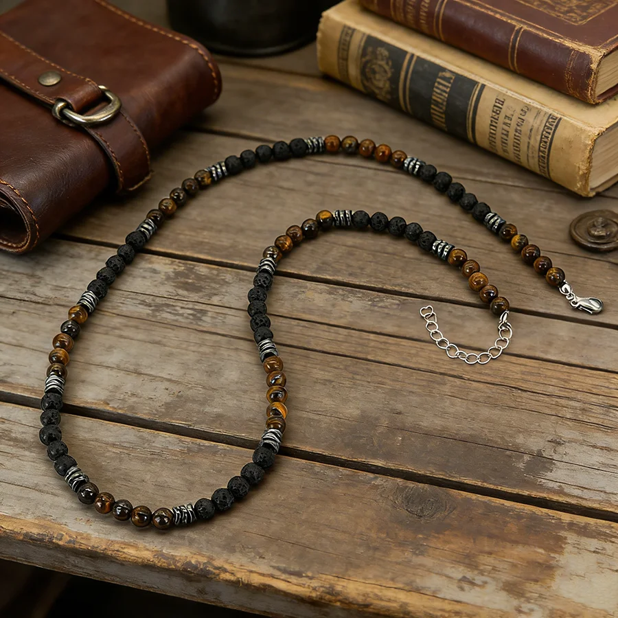 Charm 6mm Volcanic Rock Beads Necklace Men 5 Styles Tiger Eyes Fossil Stone 60cm Long Collar Jewelry Healing Casual Homme Joias