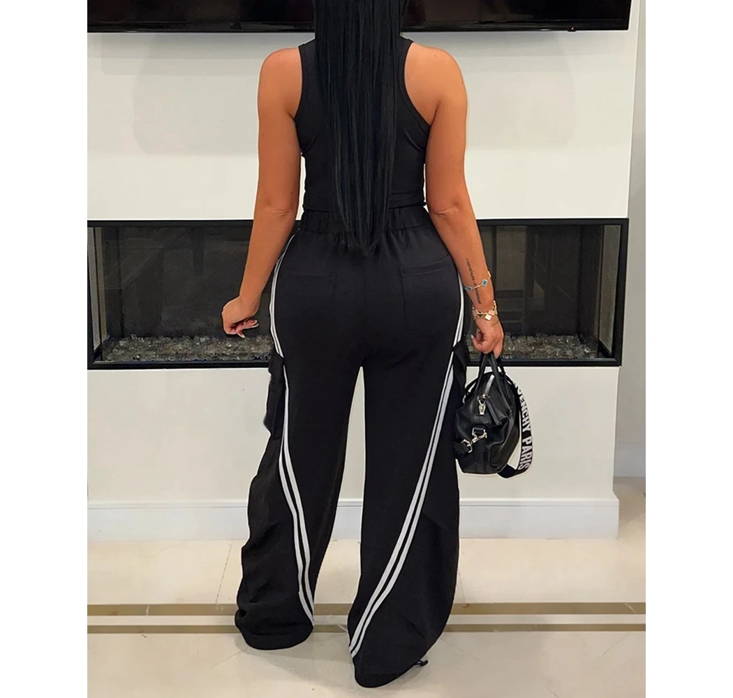 Women's Denim Patchwork Baggy Pants Side Stripes Design Wide Leg Pants Women with Patch Pockets Casual Baggy Sweatpants