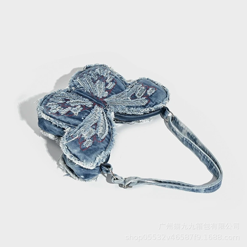 Fashion design women's bag washed denim bag butterfly shaped bag punk denim bag shoulder bag diagonal cross backpack
